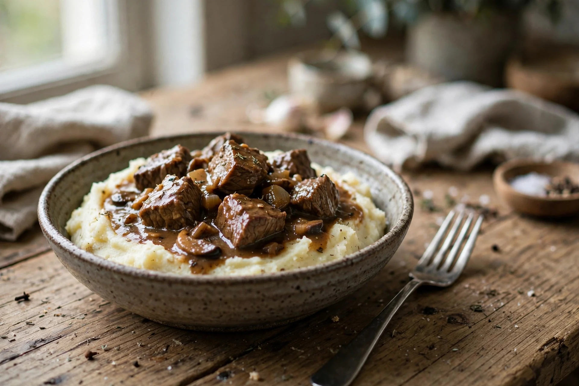 Slow cooker beef tips and gravy served over mashed potatoes