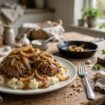 Crockpot smothered cube steak with onion gravy over mashed potatoes