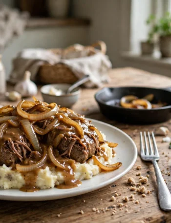 Crockpot smothered cube steak with onion gravy over mashed potatoes