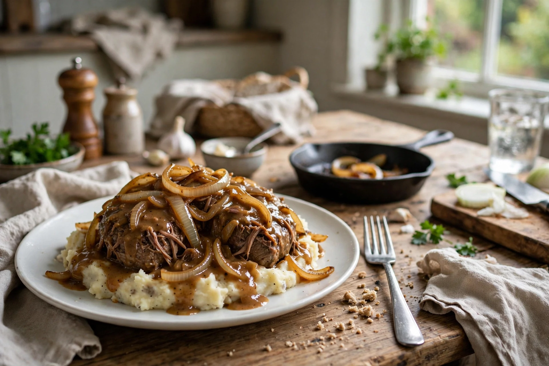 Crockpot smothered cube steak with onion gravy over mashed potatoes