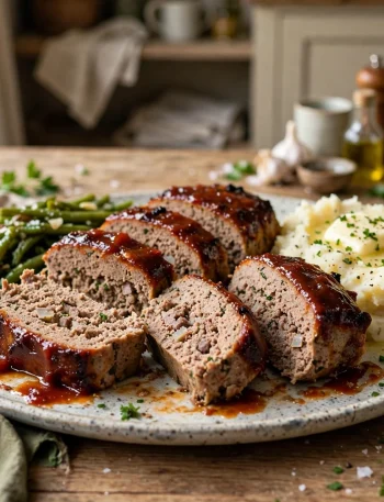 Slow cooker meatloaf slices with glaze, mashed potatoes and green beans