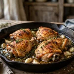 Slow cooker garlic butter chicken thighs in a cast iron skillet