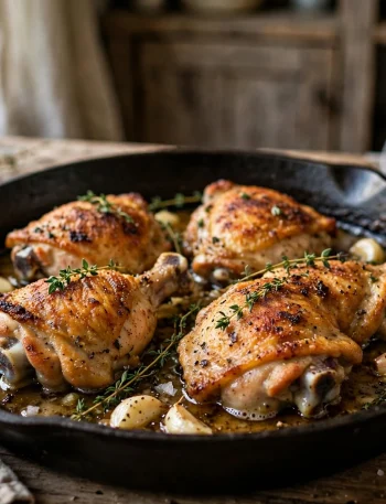 Slow cooker garlic butter chicken thighs in a cast iron skillet