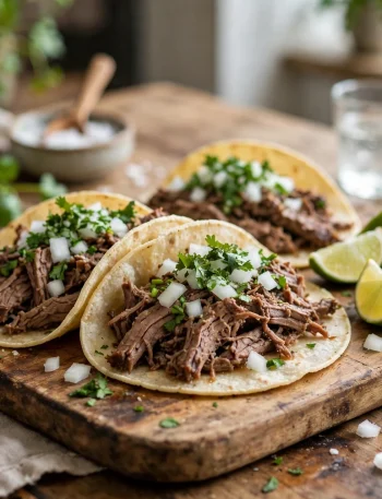 Slow cooker shredded beef tacos with onion, cilantro and lime