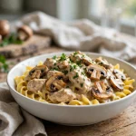 Slow cooker creamy mushroom chicken over egg noodles