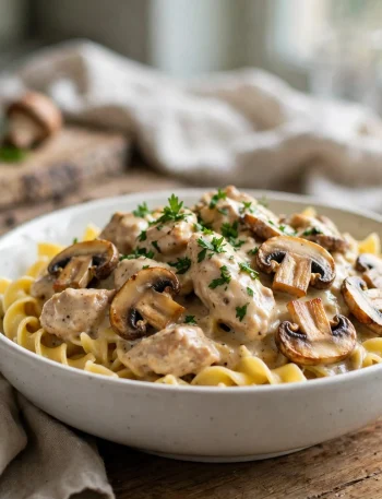 Slow cooker creamy mushroom chicken over egg noodles