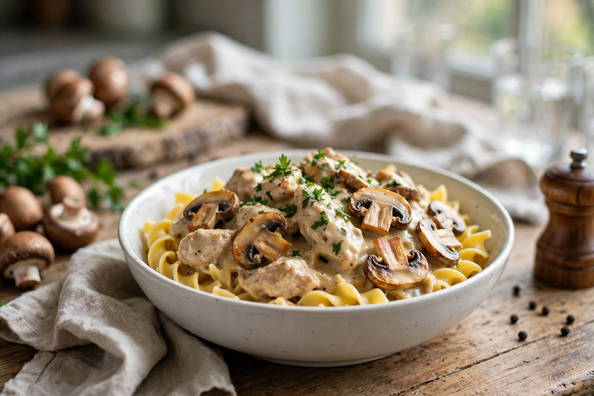 Slow cooker creamy mushroom chicken over egg noodles