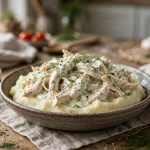 Crockpot creamy ranch chicken over mashed potatoes