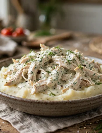 Crockpot creamy ranch chicken over mashed potatoes