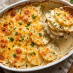 Cheesy scalloped potatoes with a golden bubbly cheese top in a white baking dish