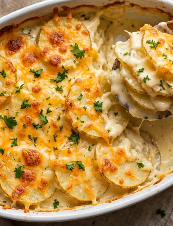 Cheesy scalloped potatoes with a golden bubbly cheese top in a white baking dish