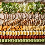 Chef's salad with sliced turkey, grilled chicken, cheeses, eggs and vegetables on a wooden platter