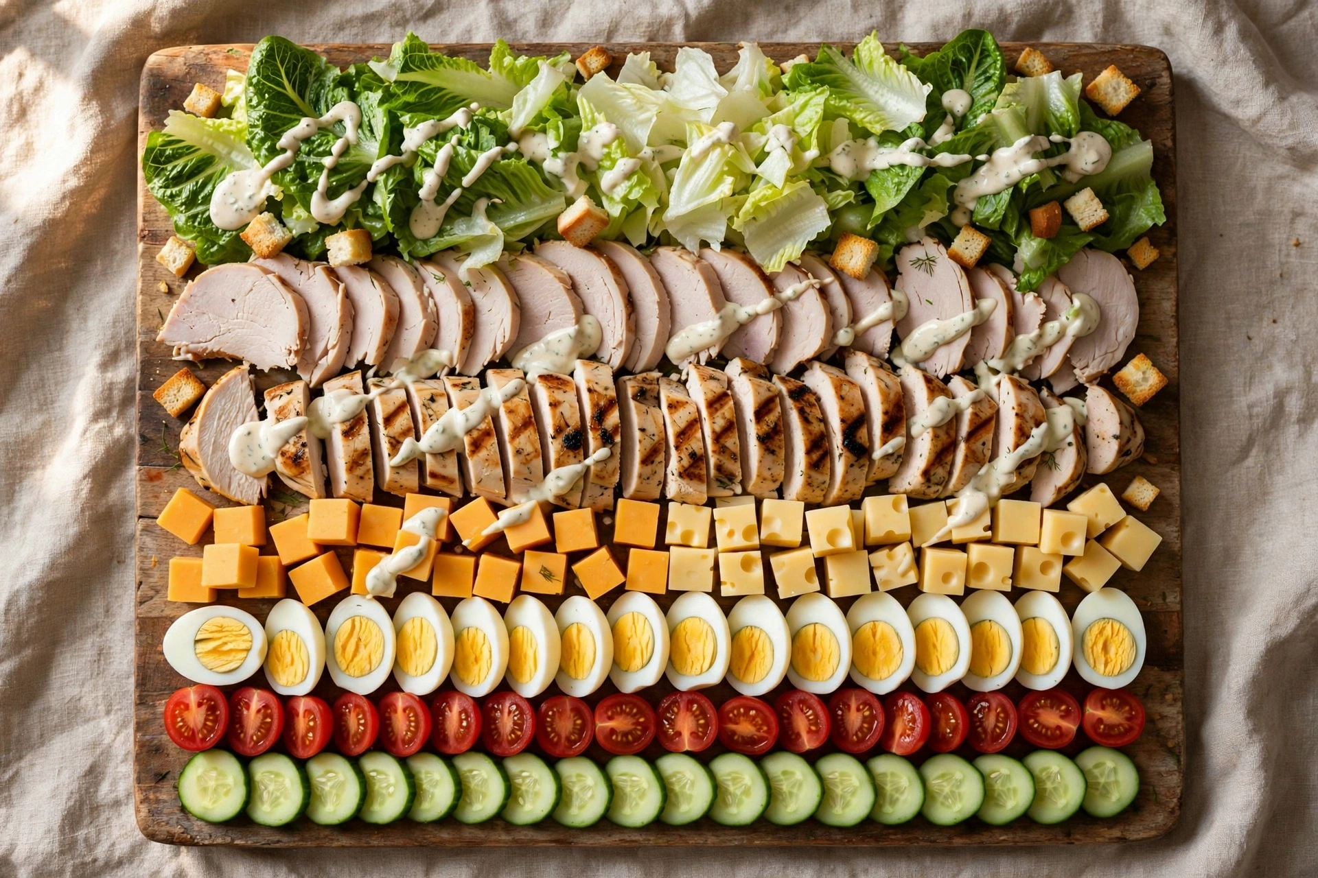 Chef's salad with sliced turkey, grilled chicken, cheeses, eggs and vegetables on a wooden platter