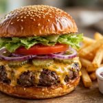 Classic American cheeseburger with melted cheddar cheese, lettuce, tomato, red onion and pickles on a toasted sesame brioche bun, served with french fries and ketchup