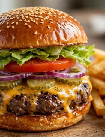 Classic American cheeseburger with melted cheddar cheese, lettuce, tomato, red onion and pickles on a toasted sesame brioche bun, served with french fries and ketchup