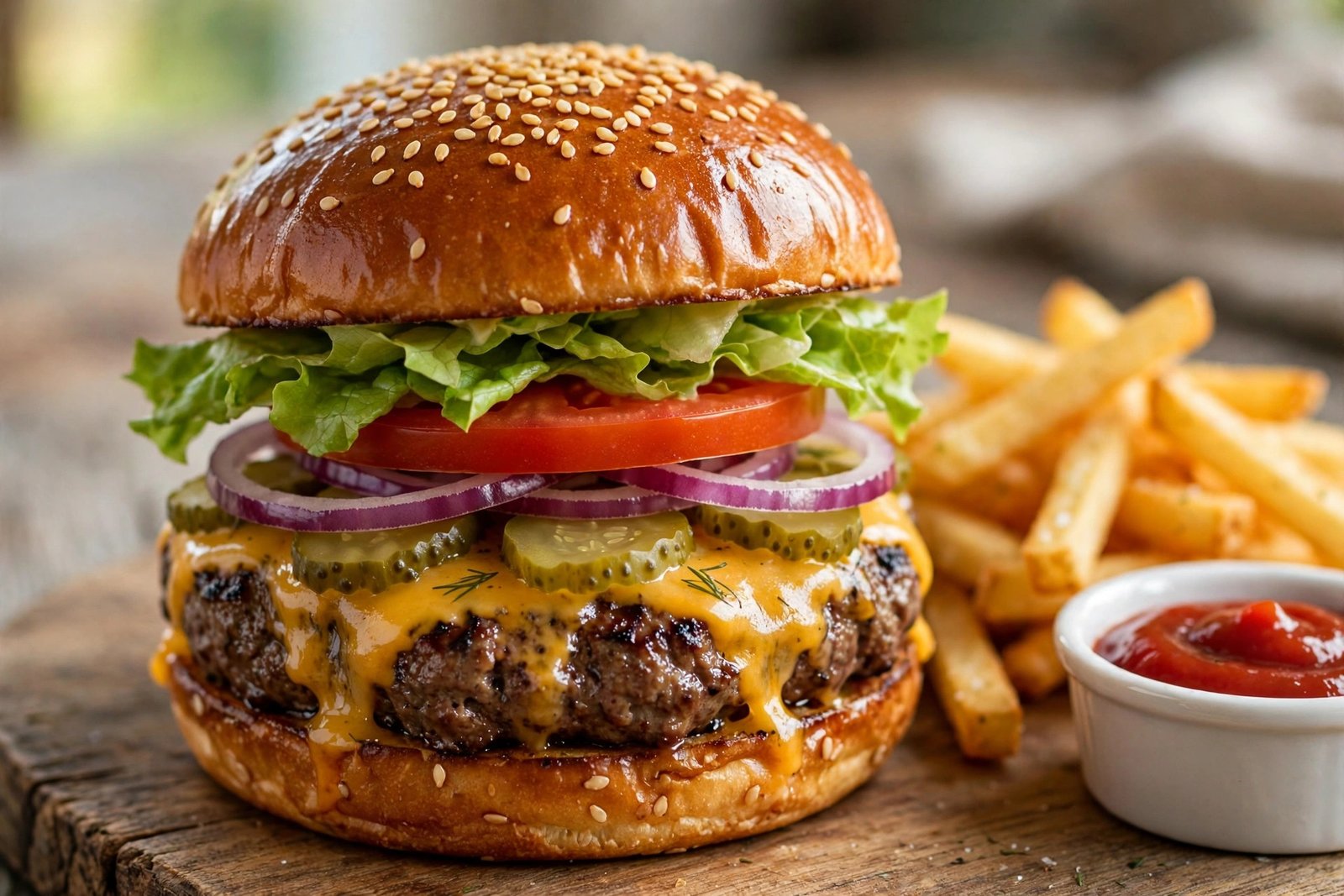 Classic American cheeseburger with melted cheddar cheese, lettuce, tomato, red onion and pickles on a toasted sesame brioche bun, served with french fries and ketchup