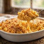 Creamy baked mac and cheese in a white ceramic dish with a golden breadcrumb topping, a spoon lifting a steaming cheesy portion
