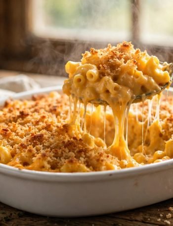 Creamy baked mac and cheese in a white ceramic dish with a golden breadcrumb topping, a spoon lifting a steaming cheesy portion
