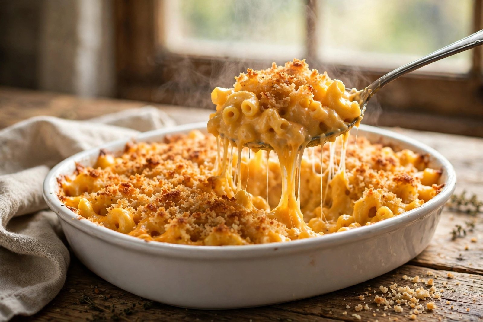 Creamy baked mac and cheese in a white ceramic dish with a golden breadcrumb topping, a spoon lifting a steaming cheesy portion