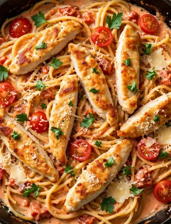 Creamy chicken pasta with tomato cream sauce, cherry tomatoes and parsley in a skillet
