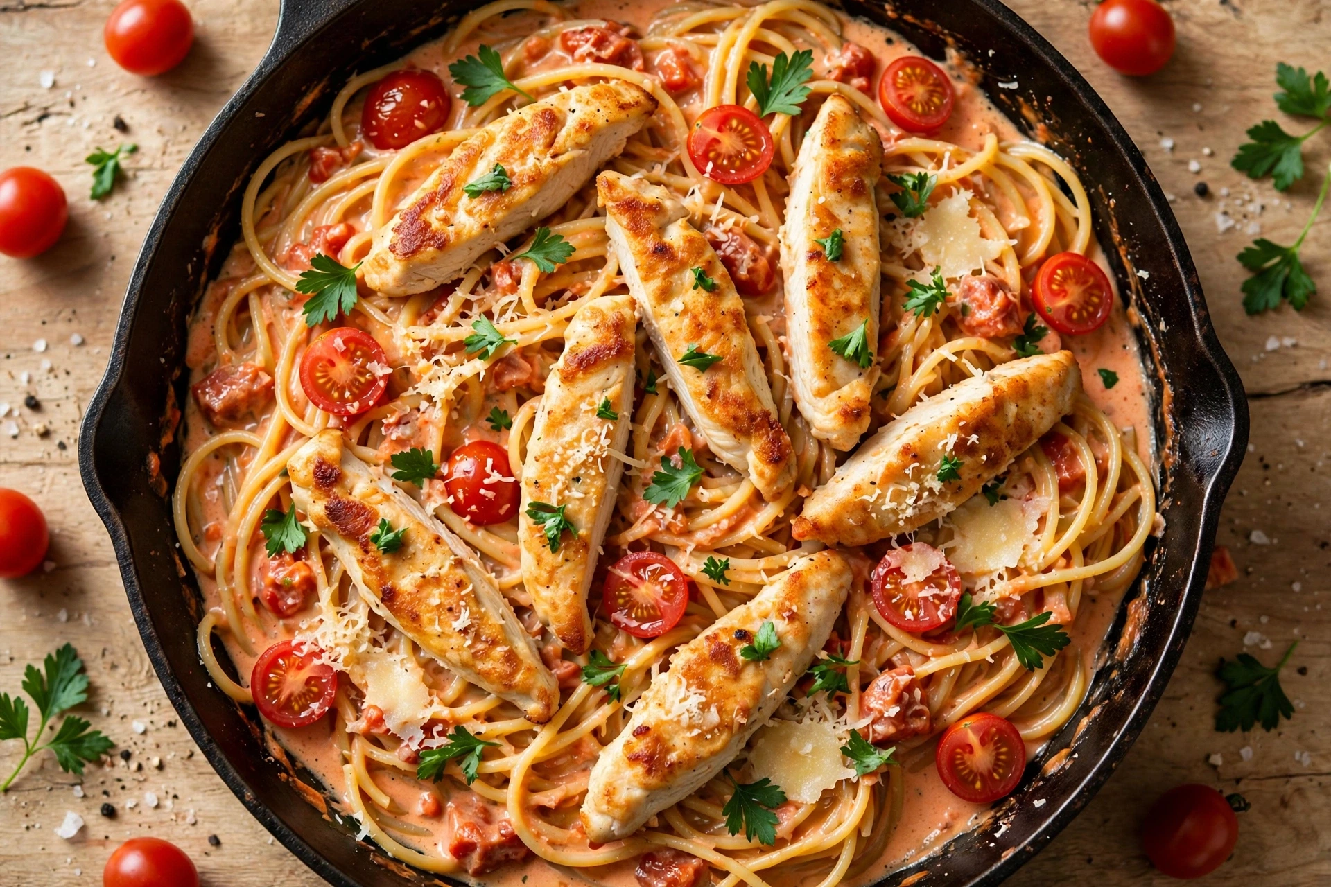 Creamy chicken pasta with tomato cream sauce, cherry tomatoes and parsley in a skillet