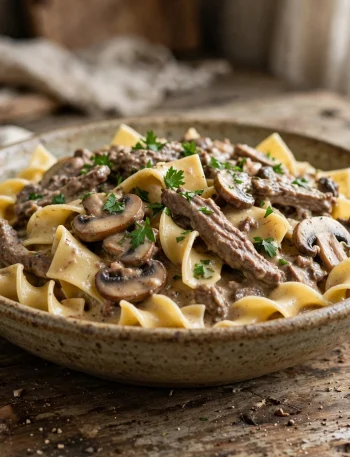 Crockpot beef stroganoff with mushrooms over egg noodles