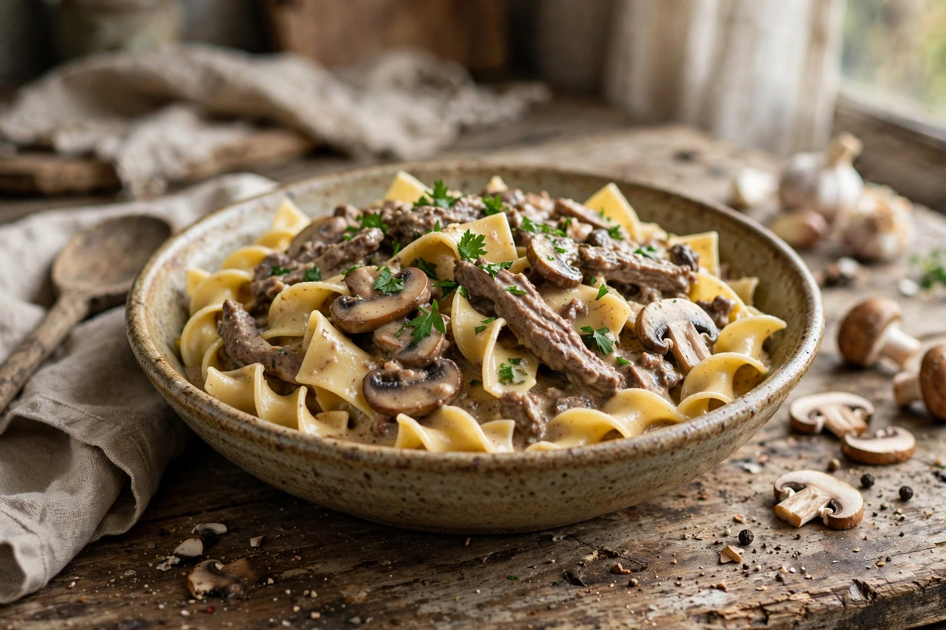 Crockpot beef stroganoff with mushrooms over egg noodles
