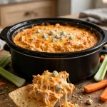 Creamy crockpot buffalo chicken dip with blue cheese in a slow cooker with celery and chips