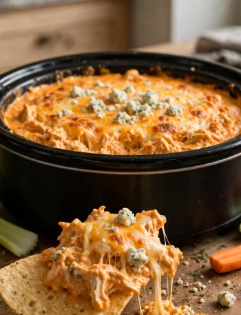 Creamy crockpot buffalo chicken dip with blue cheese in a slow cooker with celery and chips