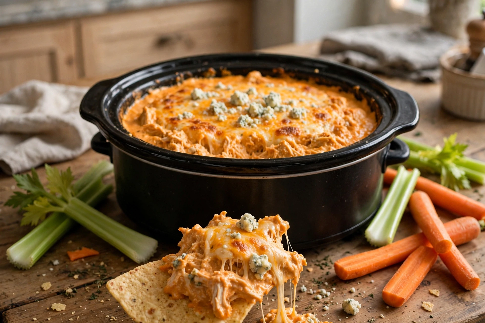 Creamy crockpot buffalo chicken dip with blue cheese in a slow cooker with celery and chips