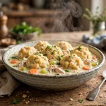 Bowl of crockpot chicken and dumplings with fluffy golden dumplings, shredded chicken and vegetables in creamy broth
