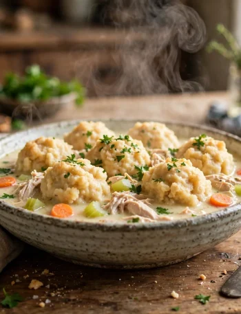 Bowl of crockpot chicken and dumplings with fluffy golden dumplings, shredded chicken and vegetables in creamy broth