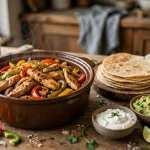 Crockpot chicken fajitas with peppers, tortillas, guacamole and lime