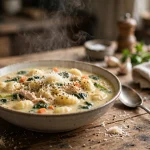 Bowl of crockpot chicken gnocchi soup with pillowy gnocchi, shredded chicken, carrots and spinach in creamy broth