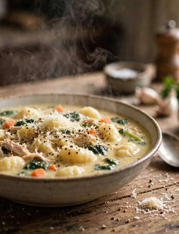 Bowl of crockpot chicken gnocchi soup with pillowy gnocchi, shredded chicken, carrots and spinach in creamy broth