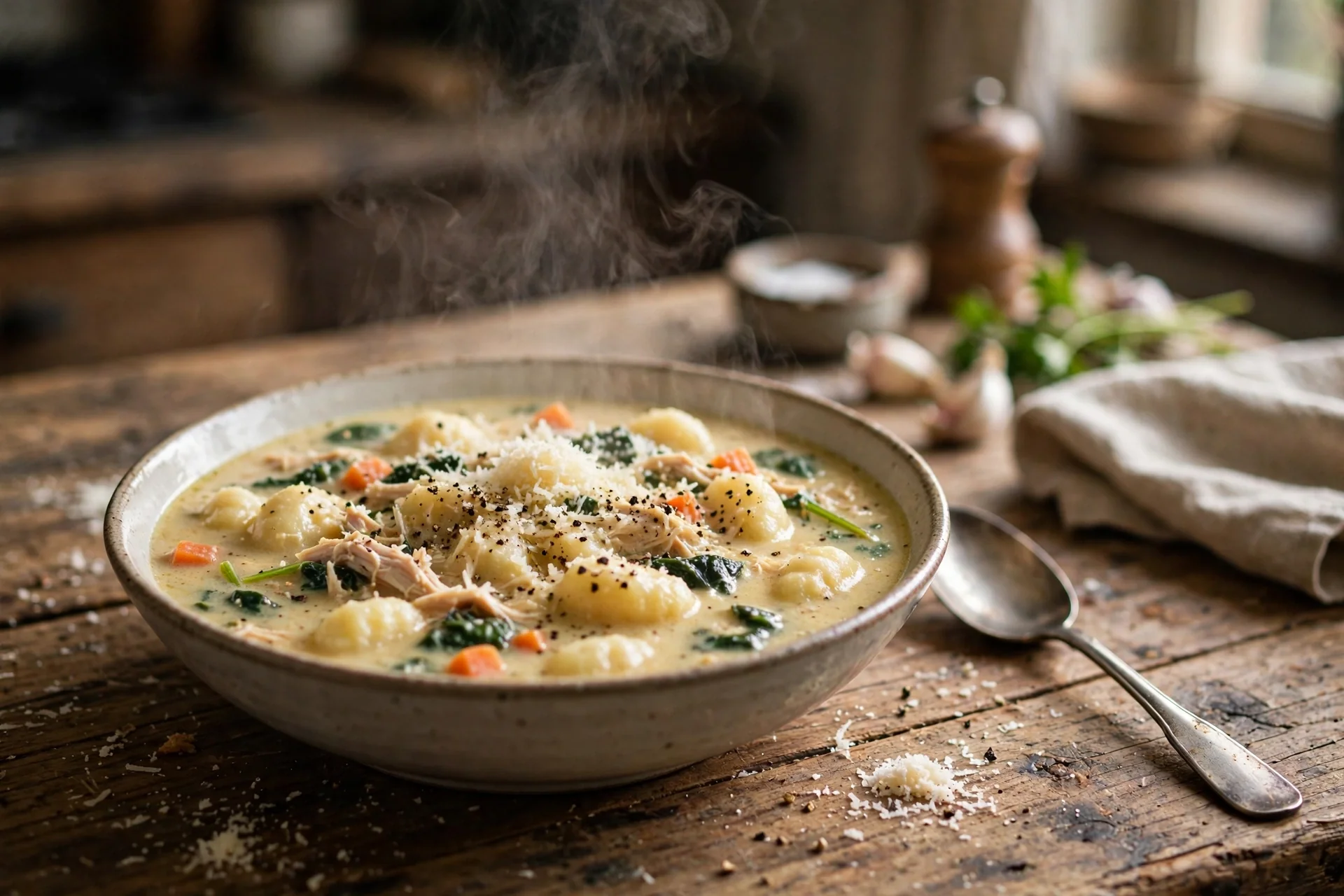 Bowl of crockpot chicken gnocchi soup with pillowy gnocchi, shredded chicken, carrots and spinach in creamy broth