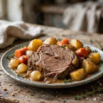 Crockpot classic pot roast with carrots, potatoes, and pearl onions in gravy