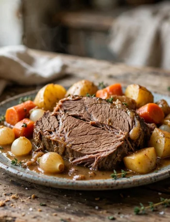 Crockpot classic pot roast with carrots, potatoes, and pearl onions in gravy