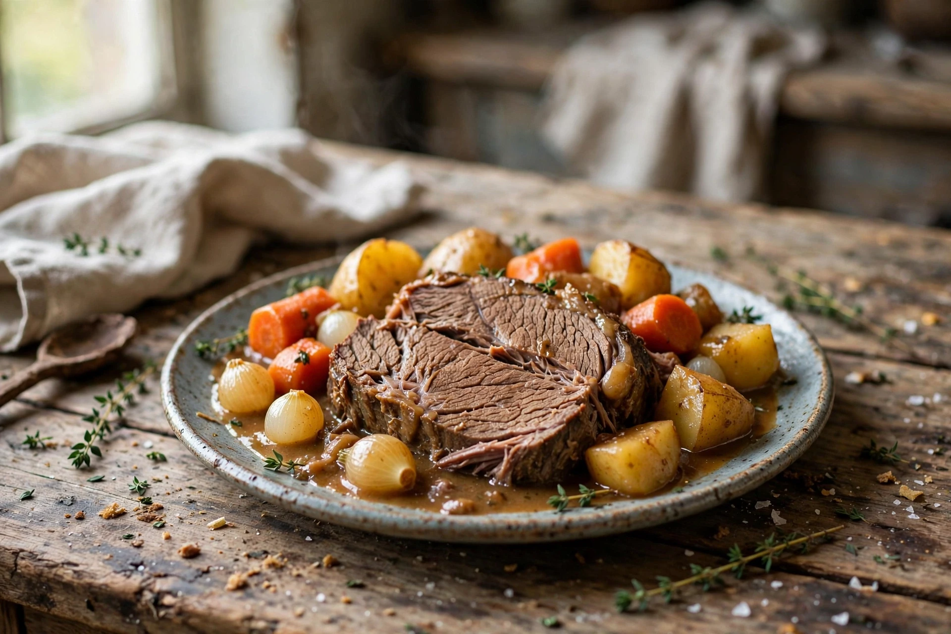 Crockpot classic pot roast with carrots, potatoes, and pearl onions in gravy