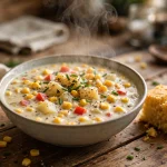 Bowl of crockpot corn chowder with sweet corn, potatoes and red peppers in creamy broth, topped with chives