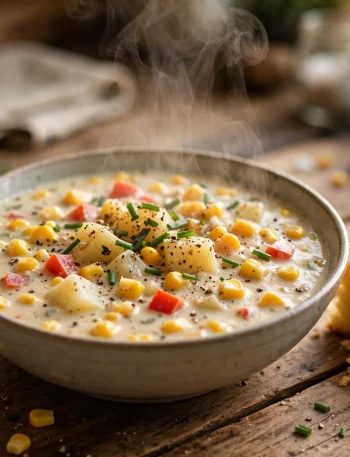 Bowl of crockpot corn chowder with sweet corn, potatoes and red peppers in creamy broth, topped with chives
