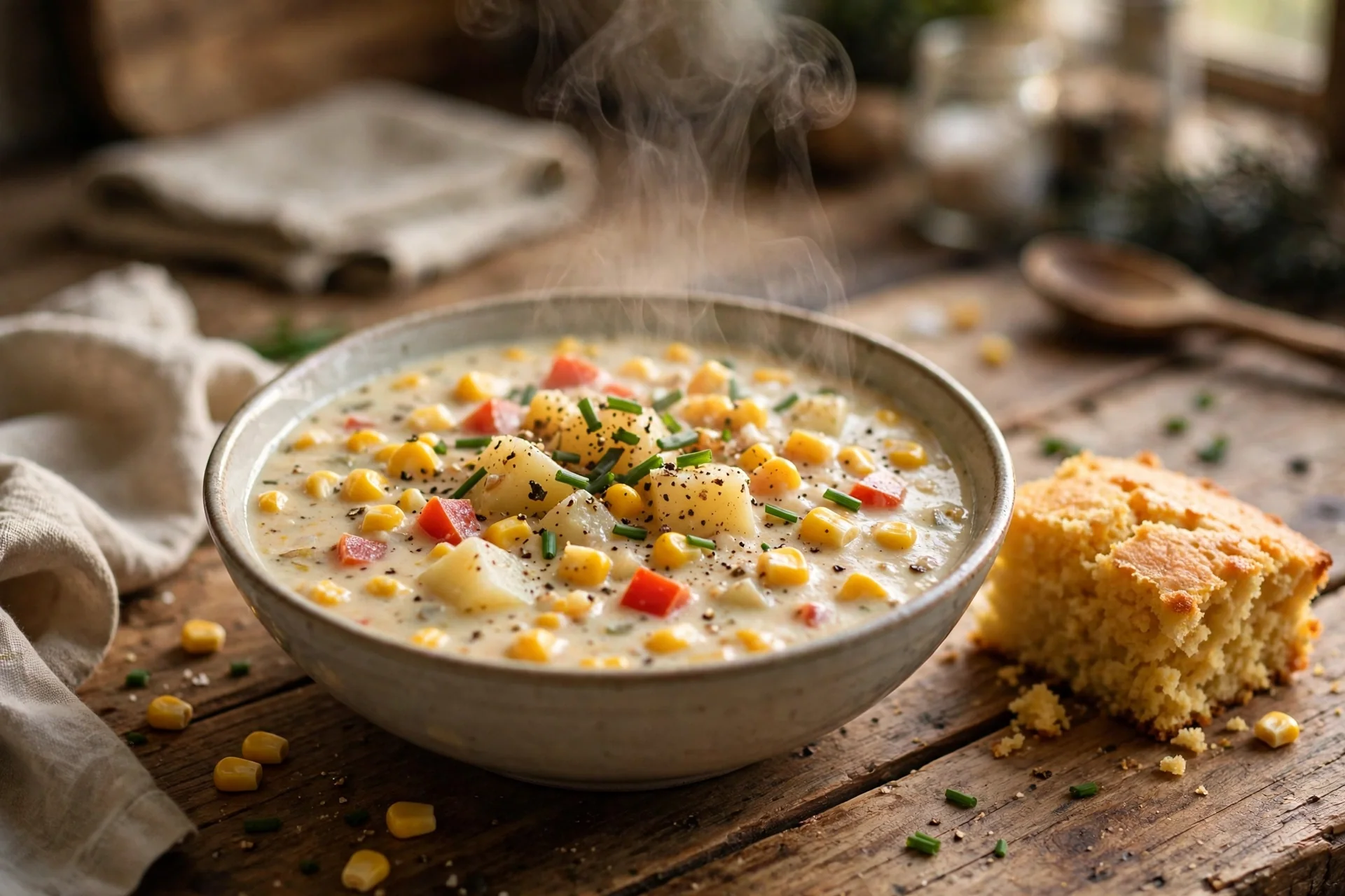 Bowl of crockpot corn chowder with sweet corn, potatoes and red peppers in creamy broth, topped with chives