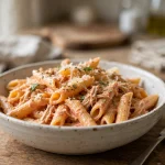 Creamy crockpot Italian chicken pasta with penne in tomato cream sauce