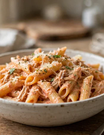 Creamy crockpot Italian chicken pasta with penne in tomato cream sauce