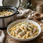 Crockpot garlic parmesan chicken pasta with penne in a creamy sauce
