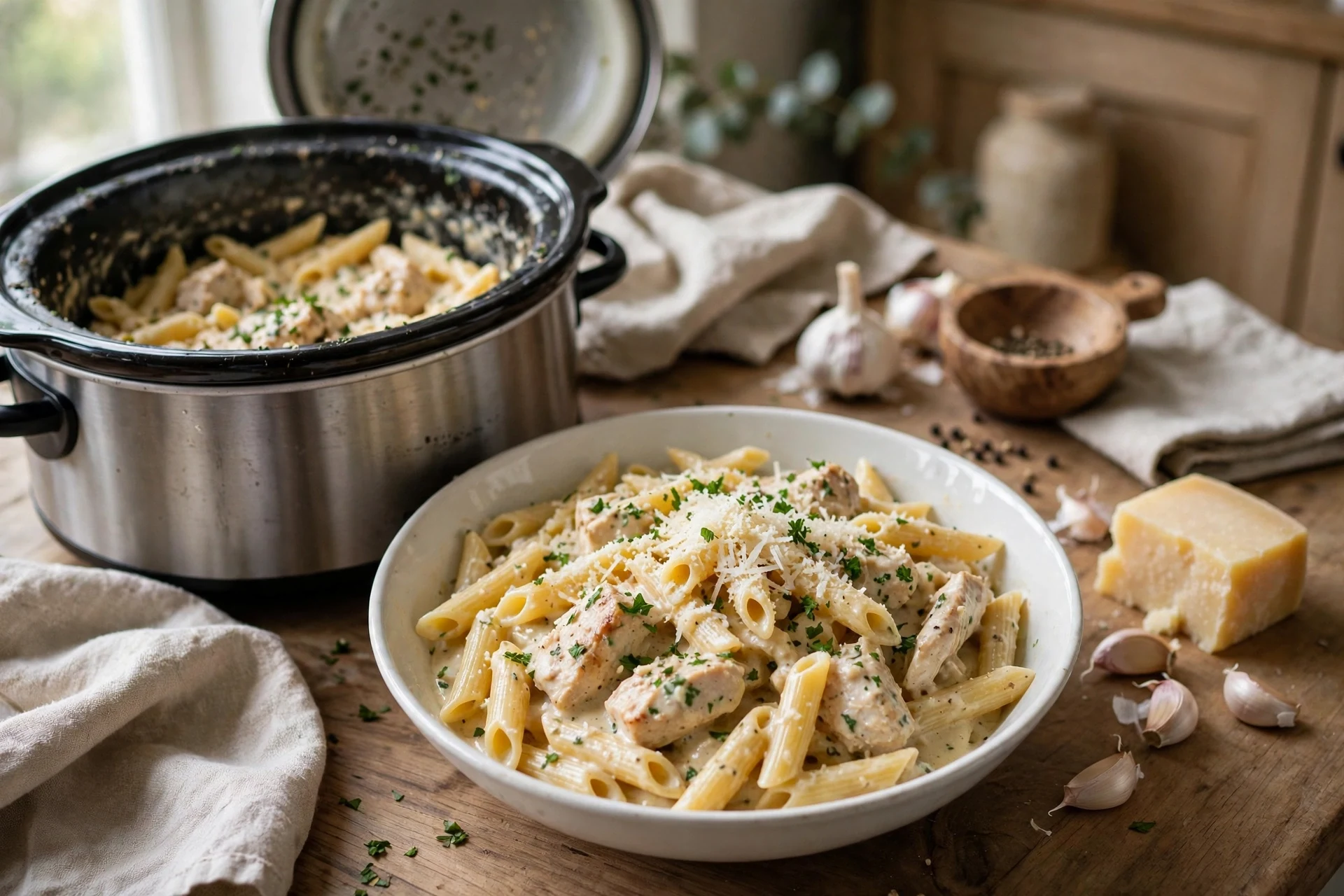 Crockpot garlic parmesan chicken pasta with penne in a creamy sauce