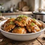 Crockpot honey garlic chicken thighs with green onions in a white bowl