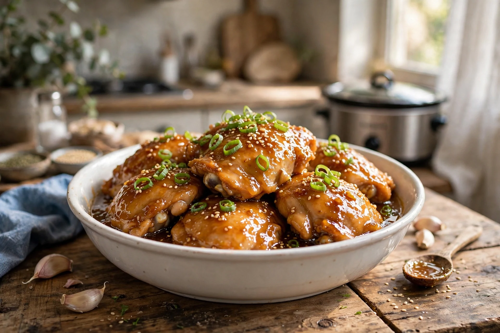 Crockpot honey garlic chicken thighs with green onions in a white bowl