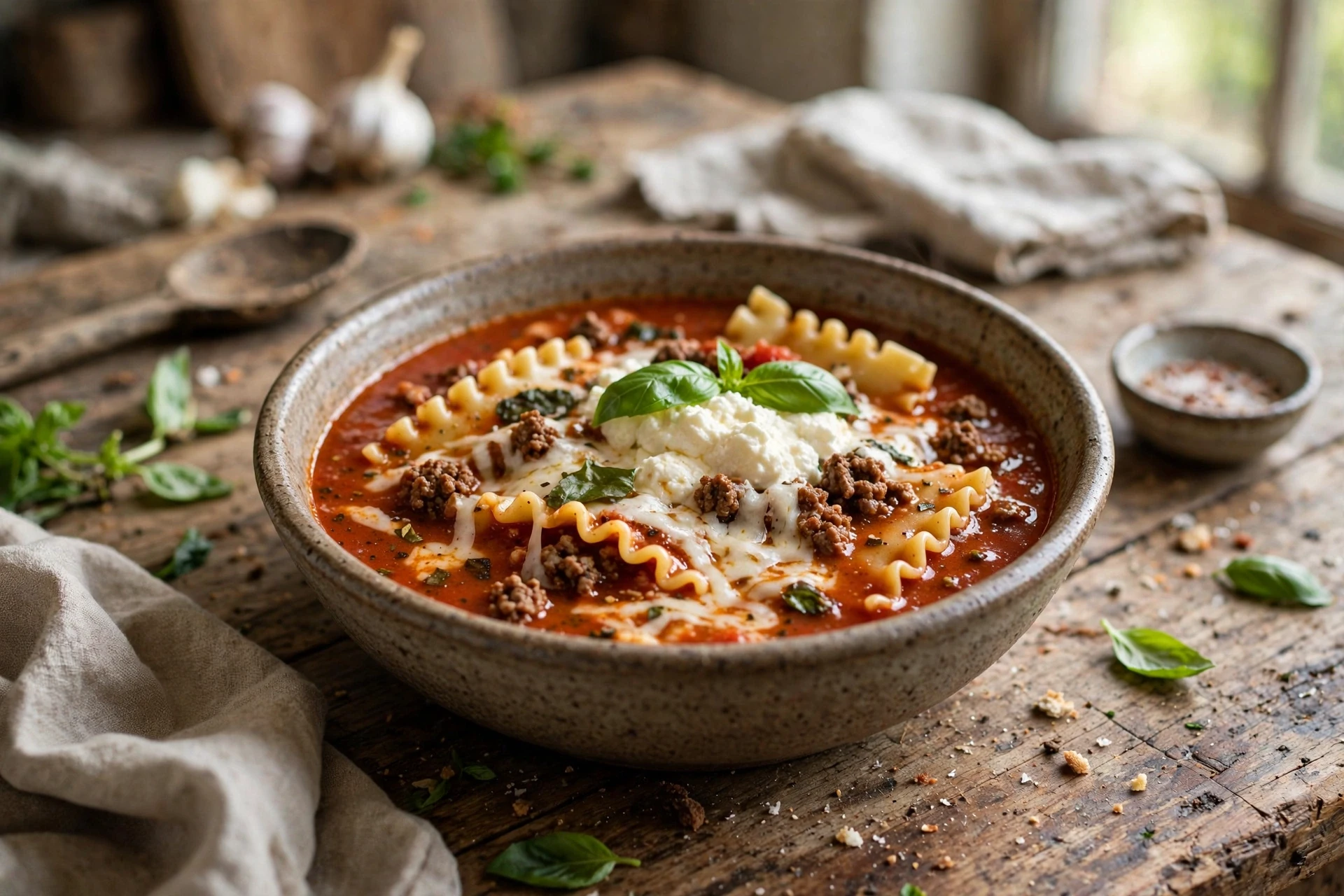 Bowl of crockpot lasagna soup with broken lasagna noodles, beef, and ricotta