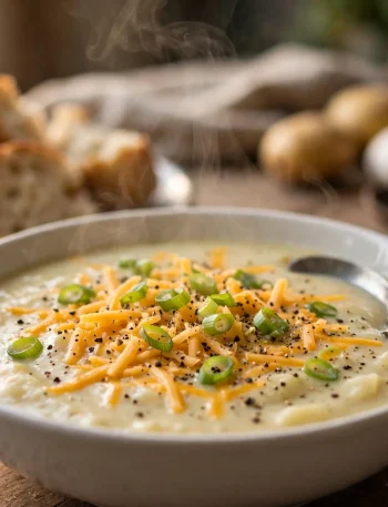 Bowl of creamy crockpot potato soup topped with shredded cheddar, chives and cracked pepper